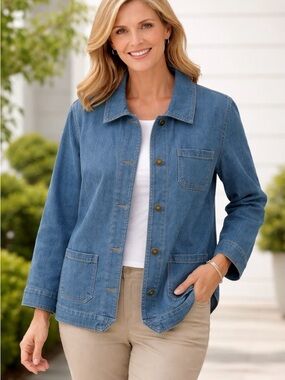 City Blues by Koret blue button-up denim jacket  metal buttons pockets L